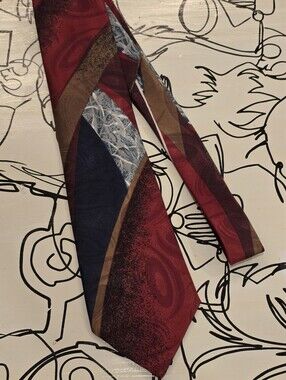 VTG Jeffrey Scott Mens Tie Red Blue Gold Abstract Silk Essence Made in USA 58"